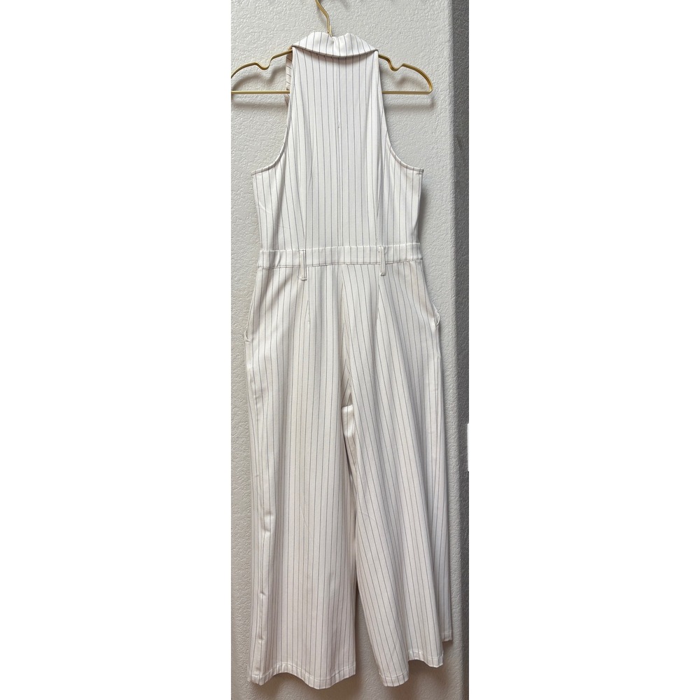 A New Day Womens Sz S Pinstripe Halter Jumpsuit Cream Black Double Breasted Wide - Picture 4 of 9